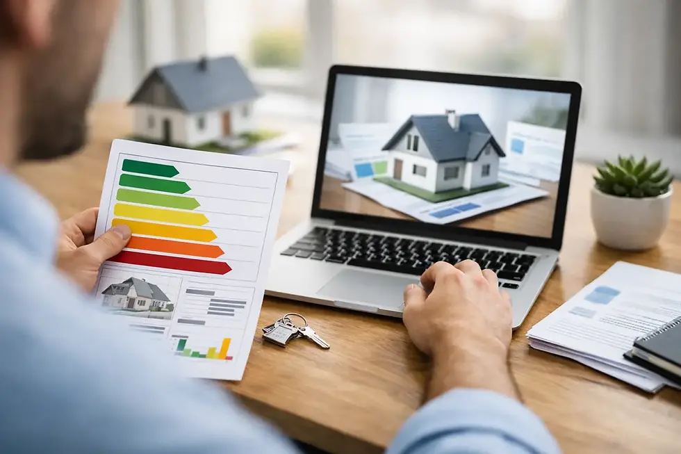 Energieausweis online erstellen mit Laptop und Energieeffizienzklassen für Wohngebäude