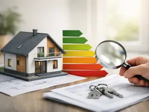 Energieausweis Analyse mit Hausmodell, Energieeffizienzskala und Lupe zur Bewertung einer Immobilie