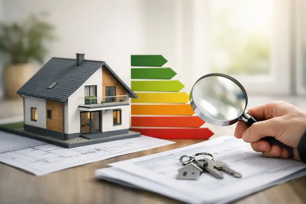 Energieausweis Analyse mit Hausmodell, Energieeffizienzskala und Lupe zur Bewertung einer Immobilie