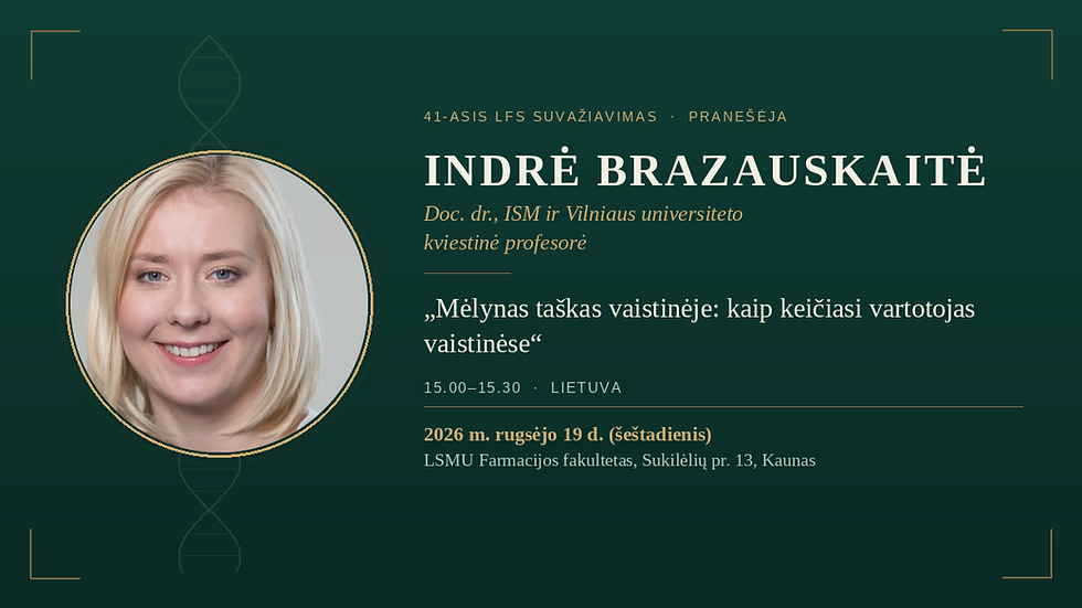 41-ojo LFS suvažiavimo pranešėjai: doc. dr. Indrė Brazauskaitė – „Mėlynas taškas vaistinėje: kaip keičiasi vartotojas vaistinėse"
