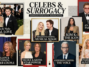 A collage of celebrities who have built their families through surrogacy.