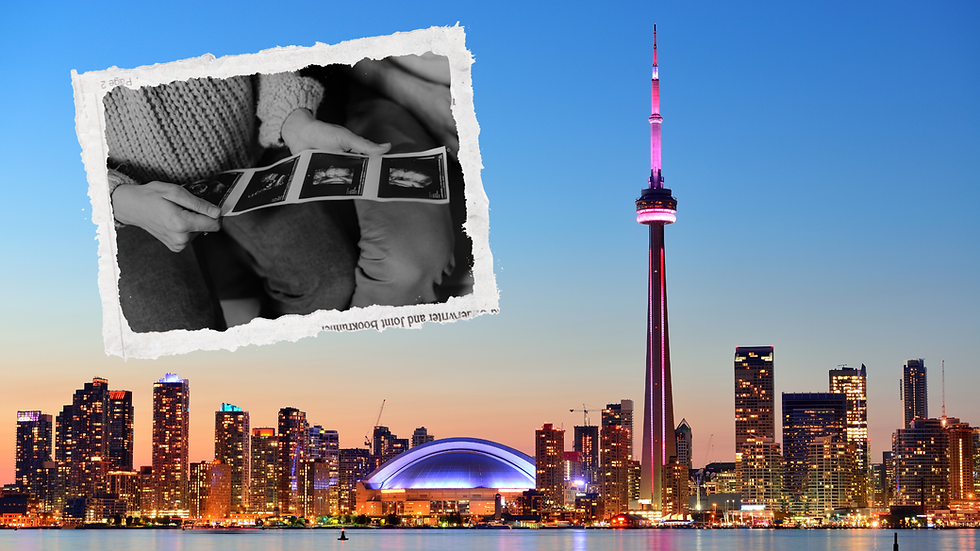 An image of the Toronto skyline with a scrapbook-style photo overlaid depicting a couple holding an ultrasound image of their baby.