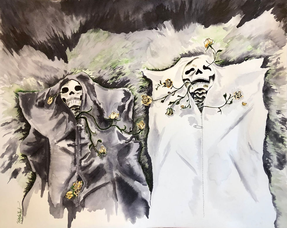 Ink drawing of two skeletons in body bags, lying side by side in the grass. The skeleton on the left lies in a black body bag with yellow roses growing out of it. The skeleton on the right is in a white bag with roses growing out of mouth and eye sockets.