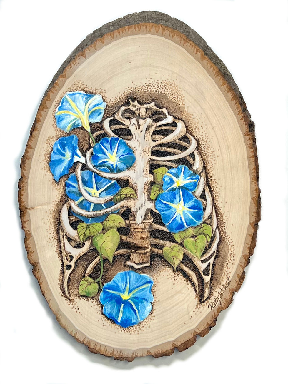 An oval-shaped piece of live-edge wood with a pyrography drawing of a human ribcage crowded with blue painted morning glories.