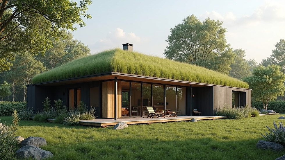 Wide angle view of a modern cottage with a green roof and large glass windows