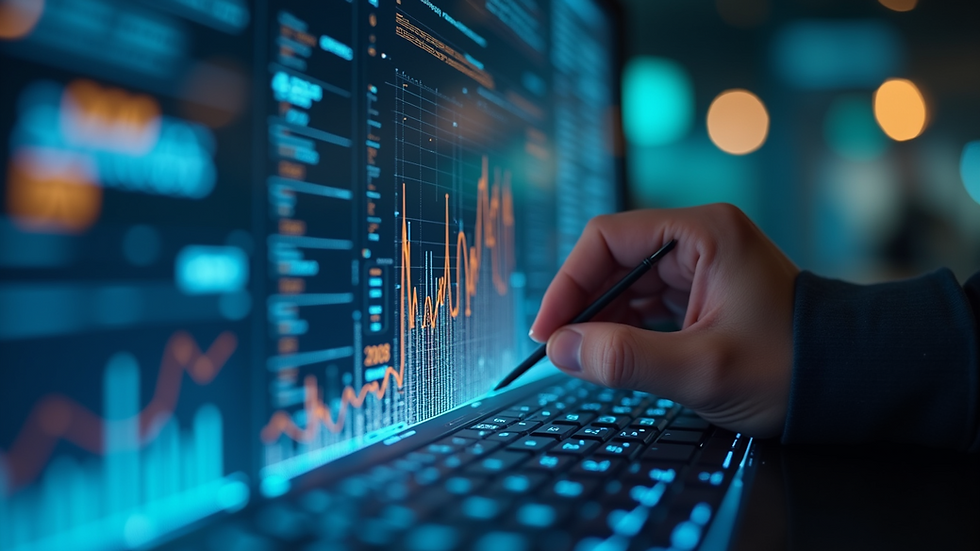 Close-up view of a futuristic digital interface displaying AI analytics