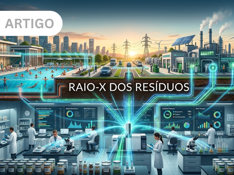 Esta é uma ilustração digital conceitual e detalhada que representa a análise tecnológica e ambiental da sociedade. A imagem está dividida em duas metades horizontais (superfície e subsolo), separadas pelo título central em destaque: "RAIO-X DOS RESÍDUOS"