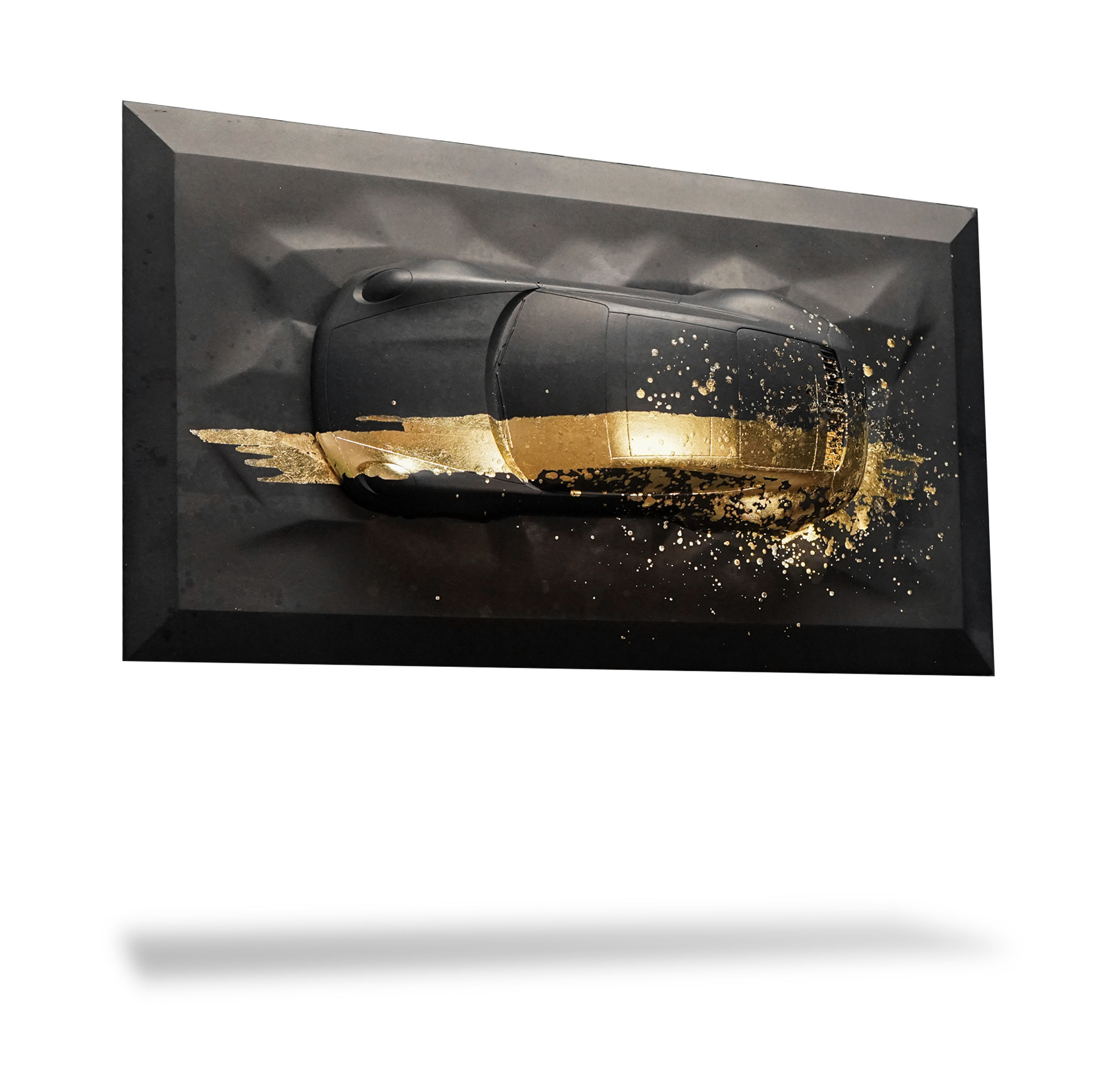 17" Porsche wall sculpture handcrafted from fine concrete with acrylic finish and hand-applied 24K gold