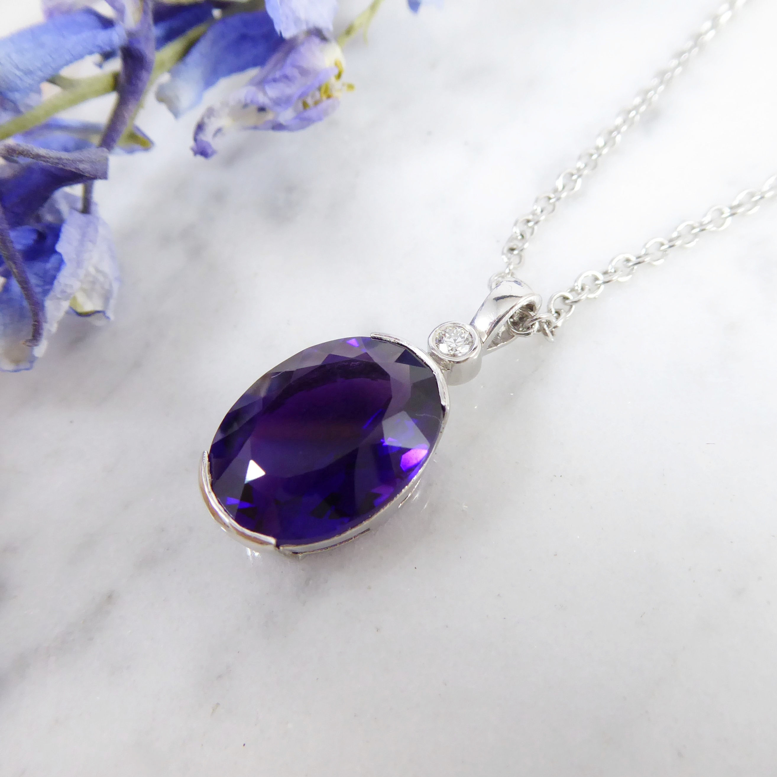Amethyst and Diamond Pendant in White Gold