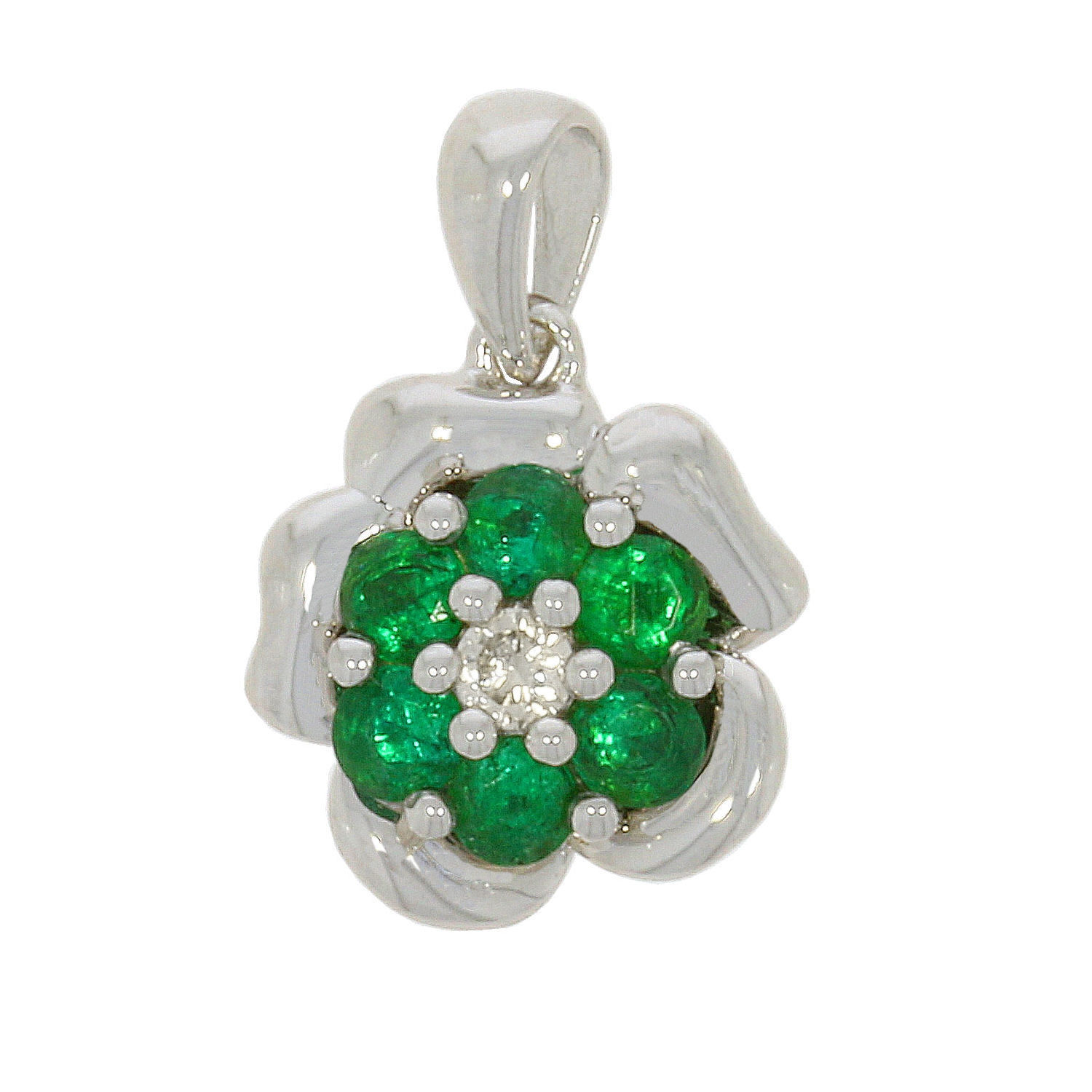 Emerald and Diamond Flower Shaped Pendant in White Gold