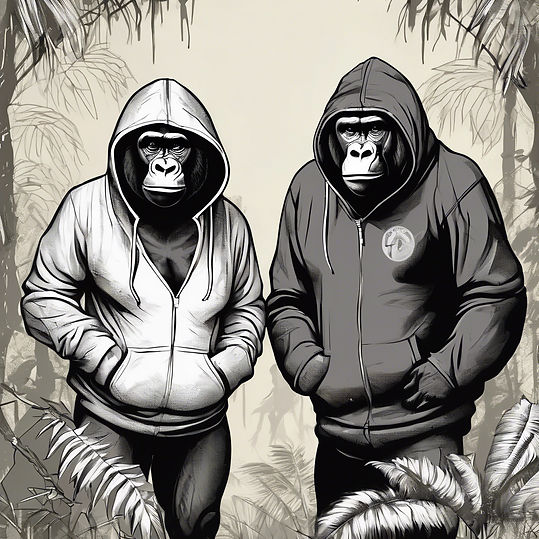 male and female gorillas in the jungle wearing hoodies.jpg