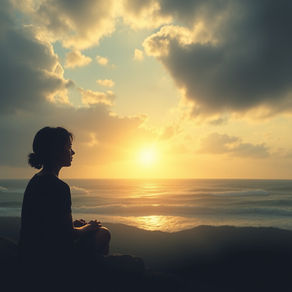 a woman reflects at sunset on the beach