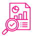 Hot pink icon of a paper with graphs and lists and a magnifying glass with a check mark in the center. Created by hajicon