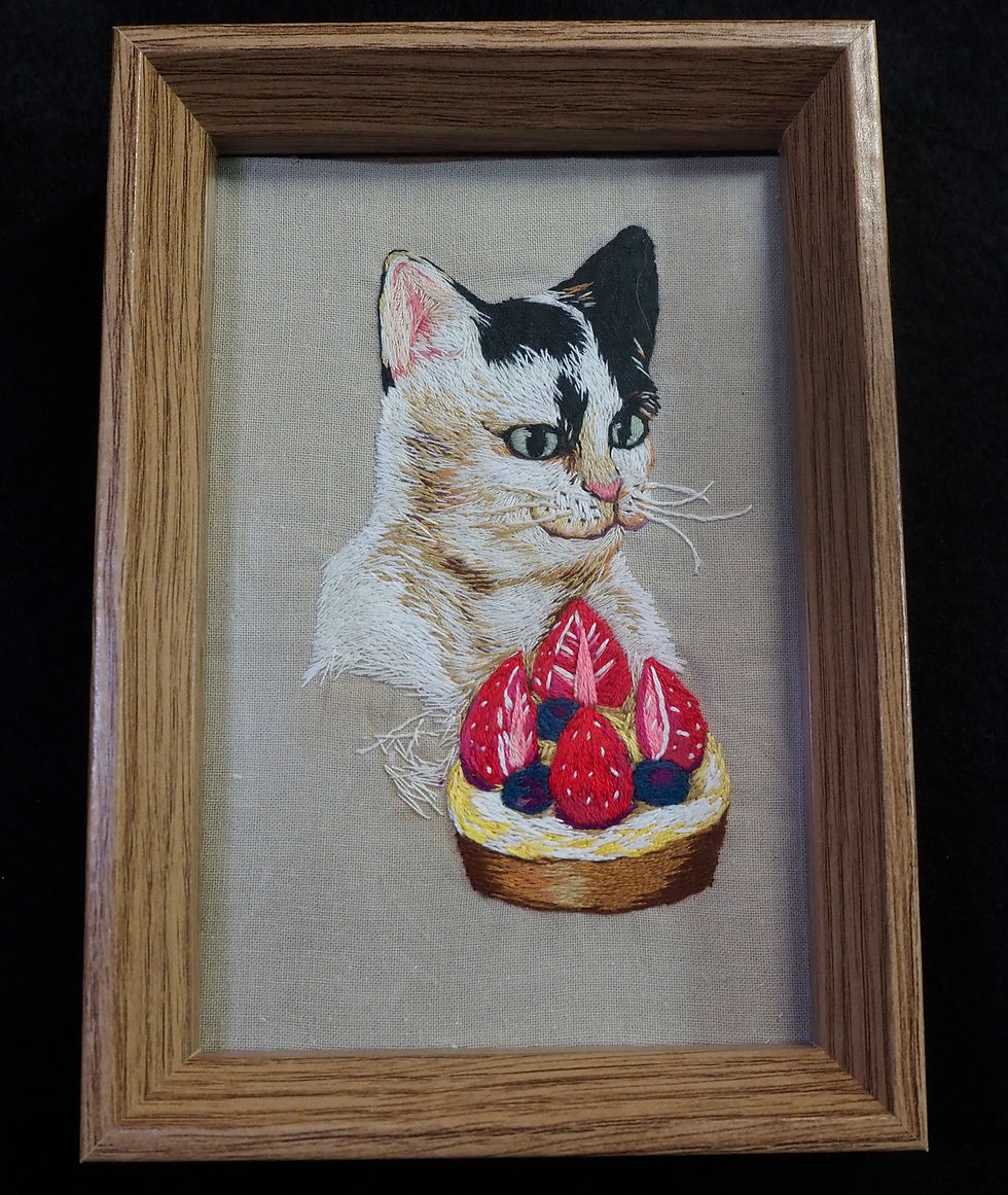 Miniature : "Le chat et la tartelette" peinture à l'aiguille