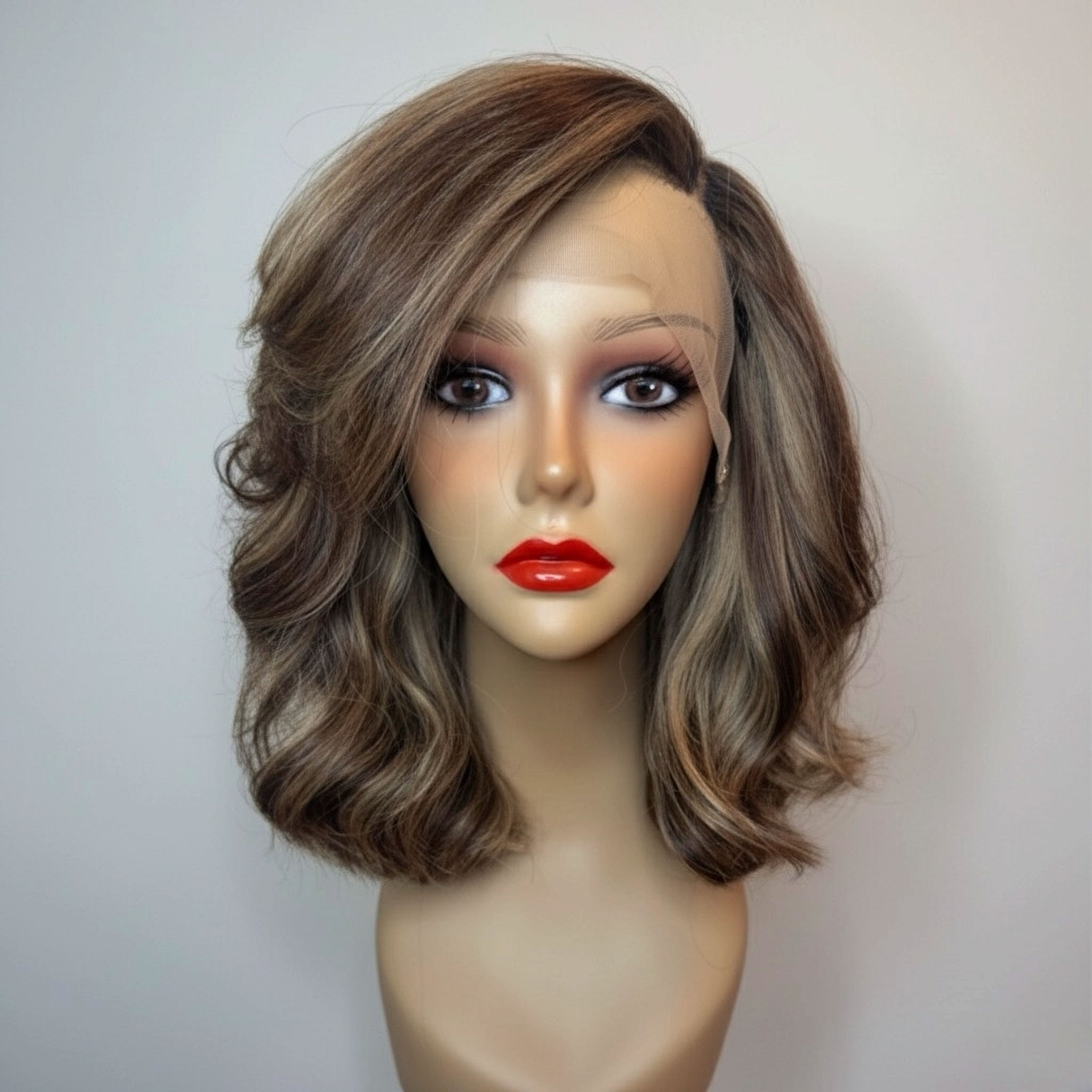 Sasha – Wavy Blonde Human Hair Wig with Brown Highlights
