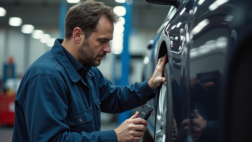 Close-up view of a technician performing a vehicle inspection in a garage