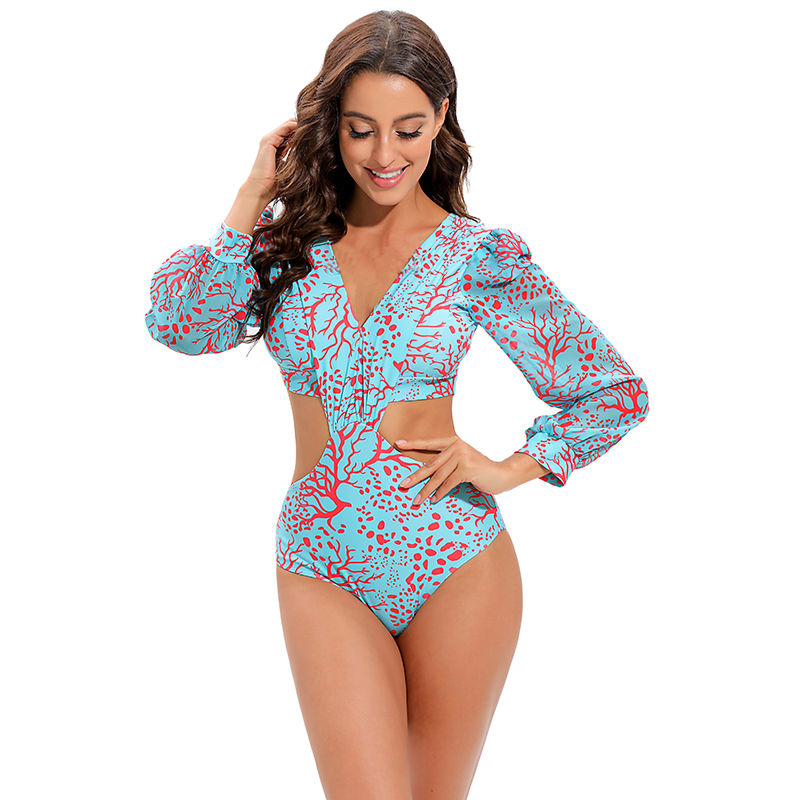 Thumbnail: Retro Ruffle Flared Sleeve One Piece Swimsuit Women Printed Vintage Beachwear
