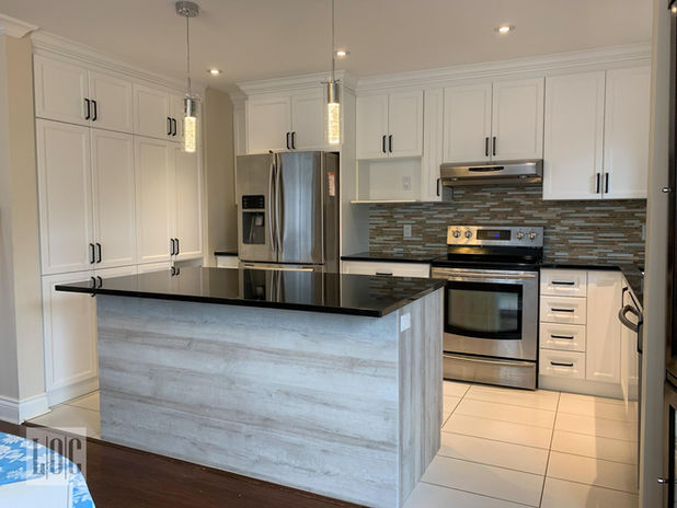 kitchen with white cabinets and horizontal wood grain island