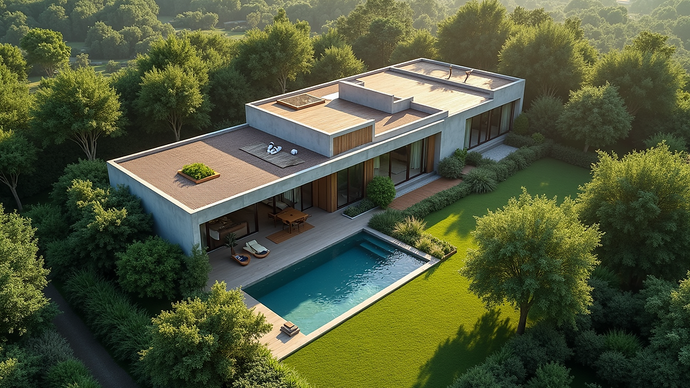 High angle view of a modern eco-friendly home surrounded by greenery
