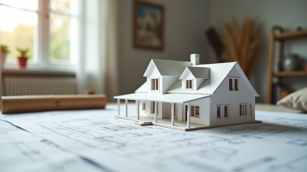 Close-up view of architectural blueprints and a scale model of a custom home