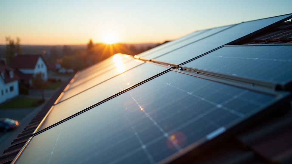 Eye-level view of solar panels installed on a roof in a residential area
