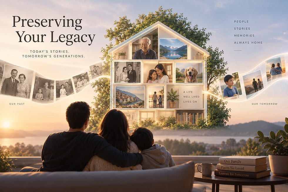 Landscape showing a family looking at a house-shaped memory collage