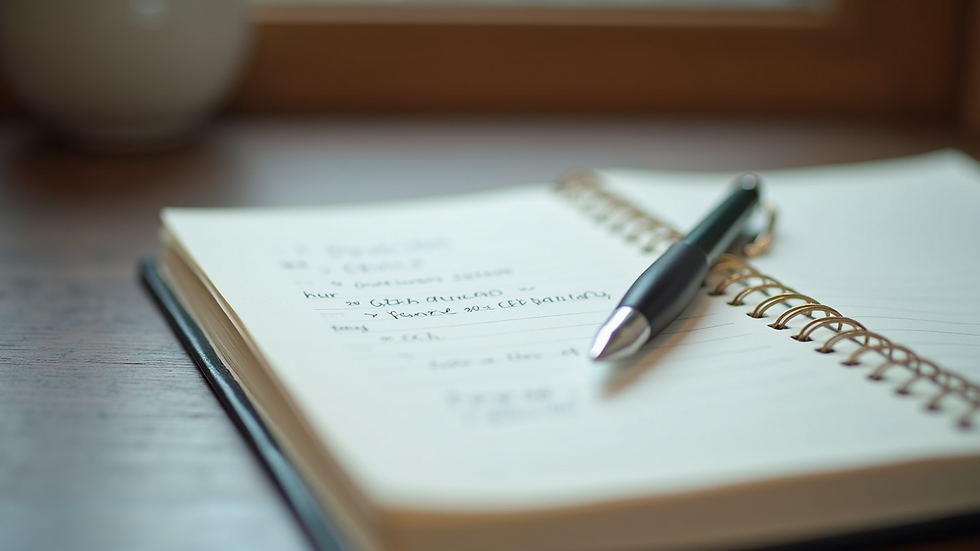 Close-up view of a journal with handwritten notes and a pen