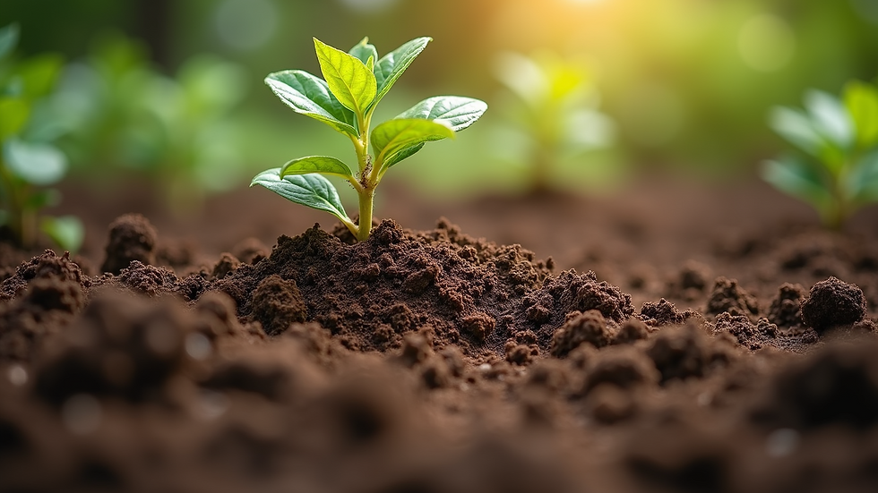 Close-up view of healthy soil with organic compost being applied