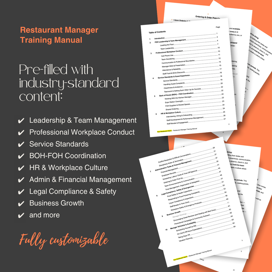 Manager handbook for restaurants, structured framework covering service, culture, and administrative duties