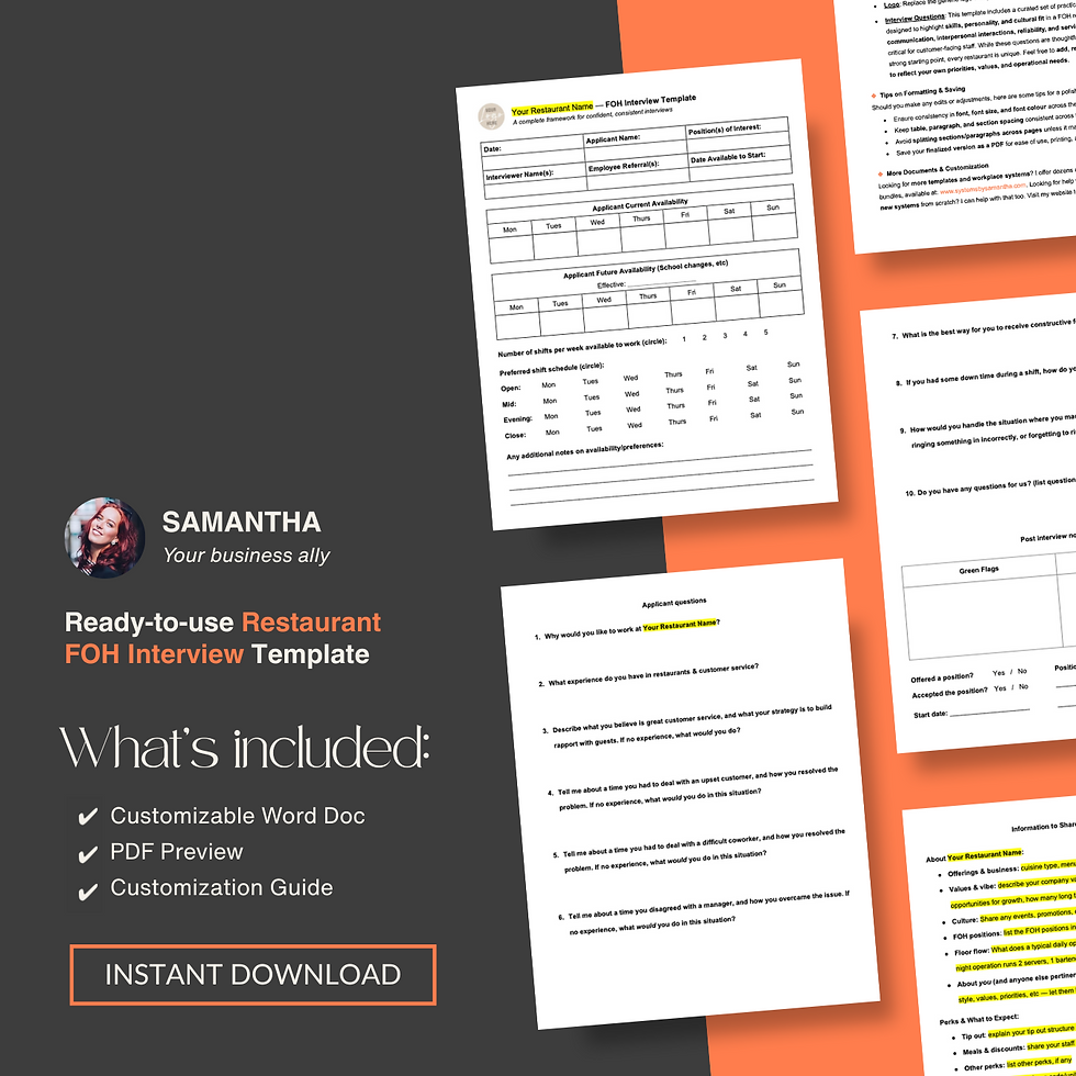 FOH interview framework – customizable guide for assessing skills, culture fit, and gathering key hiring details