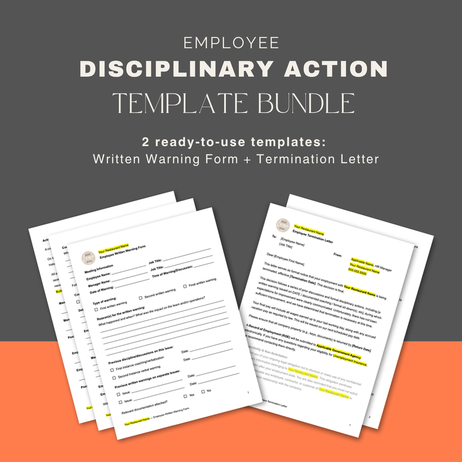 Disciplinary action template bundle including written warning form and termination letter, downloadable restaurant templates