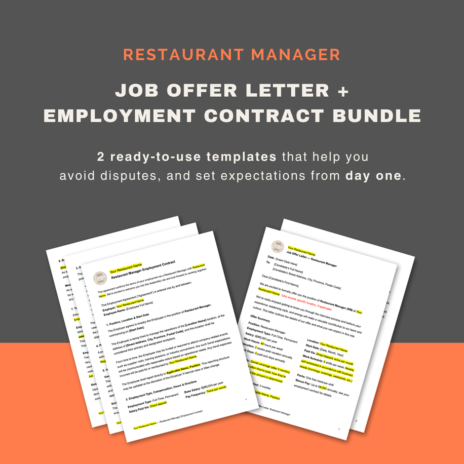 Restaurant manager job offer letter and employment contract bundle to onboard new managers with confidence