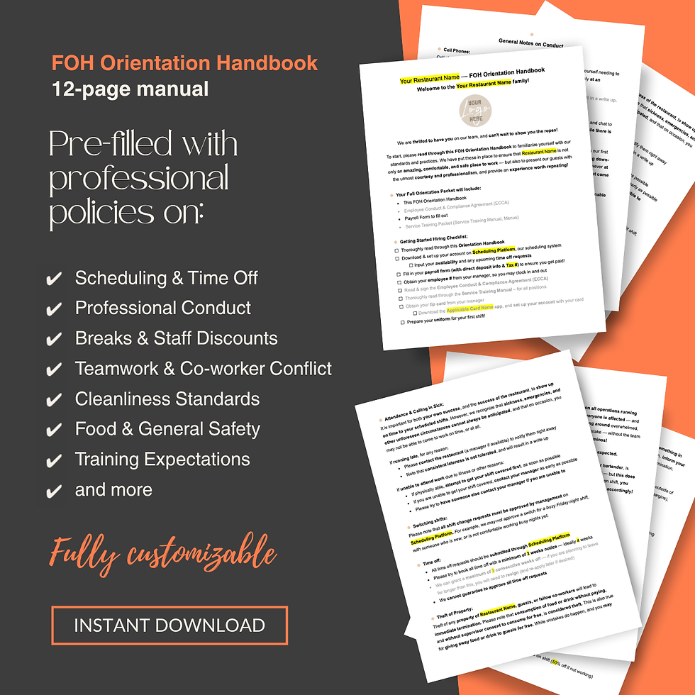 FOH orientation handbook, customizable guide to communicate policies, expectations, and culture to new hires
