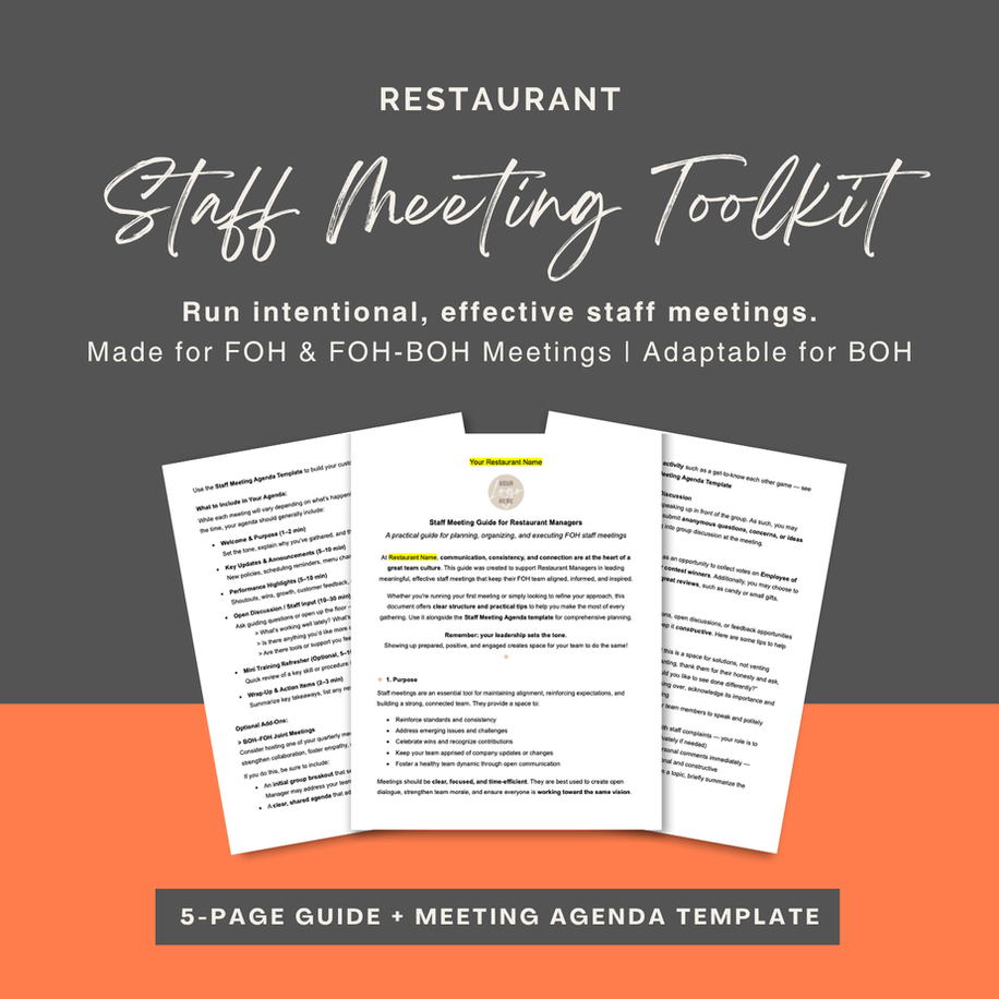 Staff meeting toolkit for restaurant managers, including a staff meeting guide and agenda template, downloadable Word docs