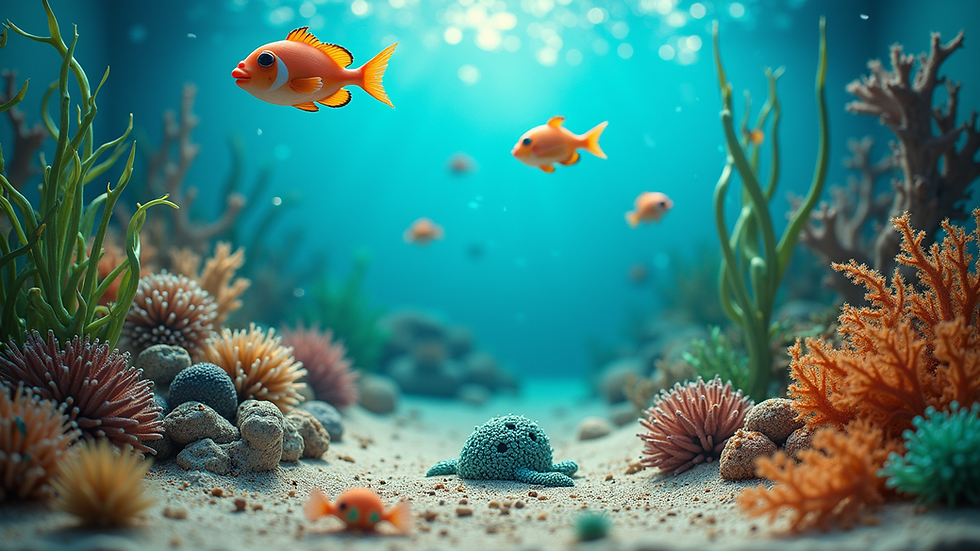 High angle view of a vibrant underwater diorama made by children with various sea creatures