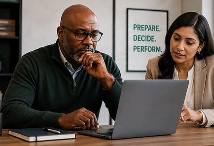 Two professionals reviewing an AI-supported decision workflow