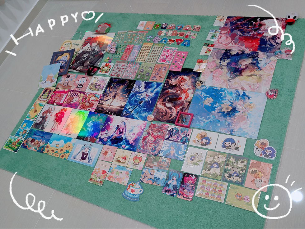 Loot! Mostly mine, but some are Yuraia's. Was happy to see illustrations of Kasane Teto! ❤️ Don't ask how much money we had spent. 🥹