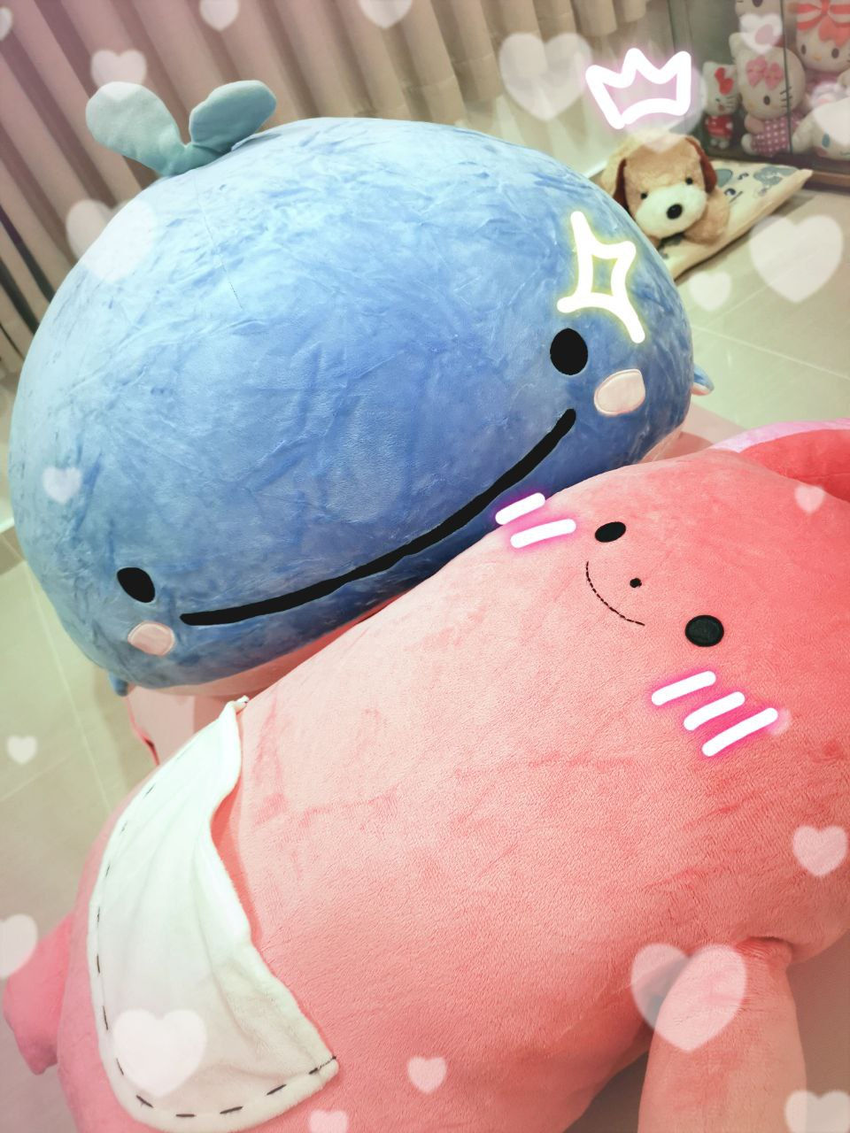 Meet my guardians: HUGE kokujira (please call it "K The Whale")š, Futaba Anzu bunny (from when I used to cosplay The iDOLM@STER)š, and Puppers š.