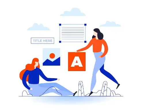 Two people working collaboratively on a landing page concept design, discussing the purpose of a call to action and how best to implement it.