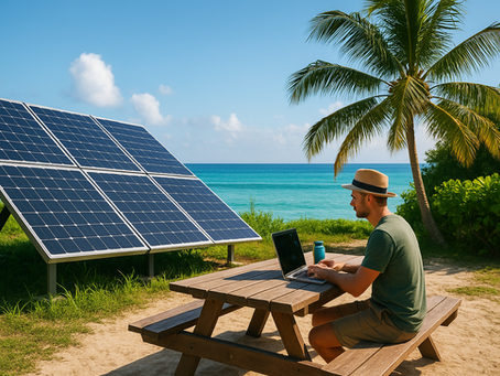 Man in a hat works on a laptop at a picnic table by the beach. Solar panels and palm trees nearby. Bright and serene blue sky and ocean.