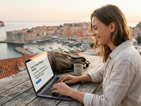 Smiling woman types on laptop showing "Senior Product Designer" role. Seaside town view, sunset sky, and stone buildings in background.
