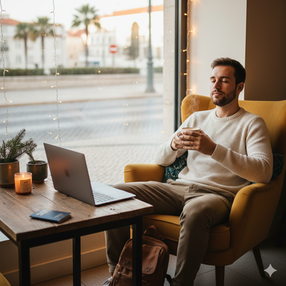Man in cozy sweater holds a steaming mug, relaxing on a yellow chair by window. Laptop, candle, and notebook on table. Calm, warm setting.