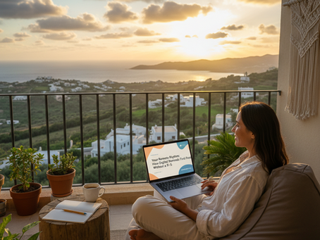 Woman on a balcony using a laptop during sunset, surrounded by potted plants. Background shows a coastline and scattered houses. Peaceful mood.