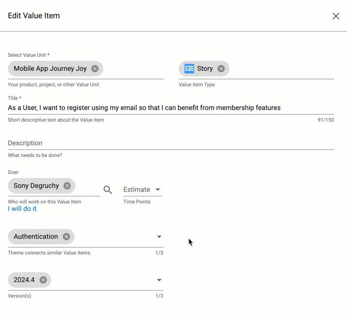 Agile Tools Edit Value Item panel