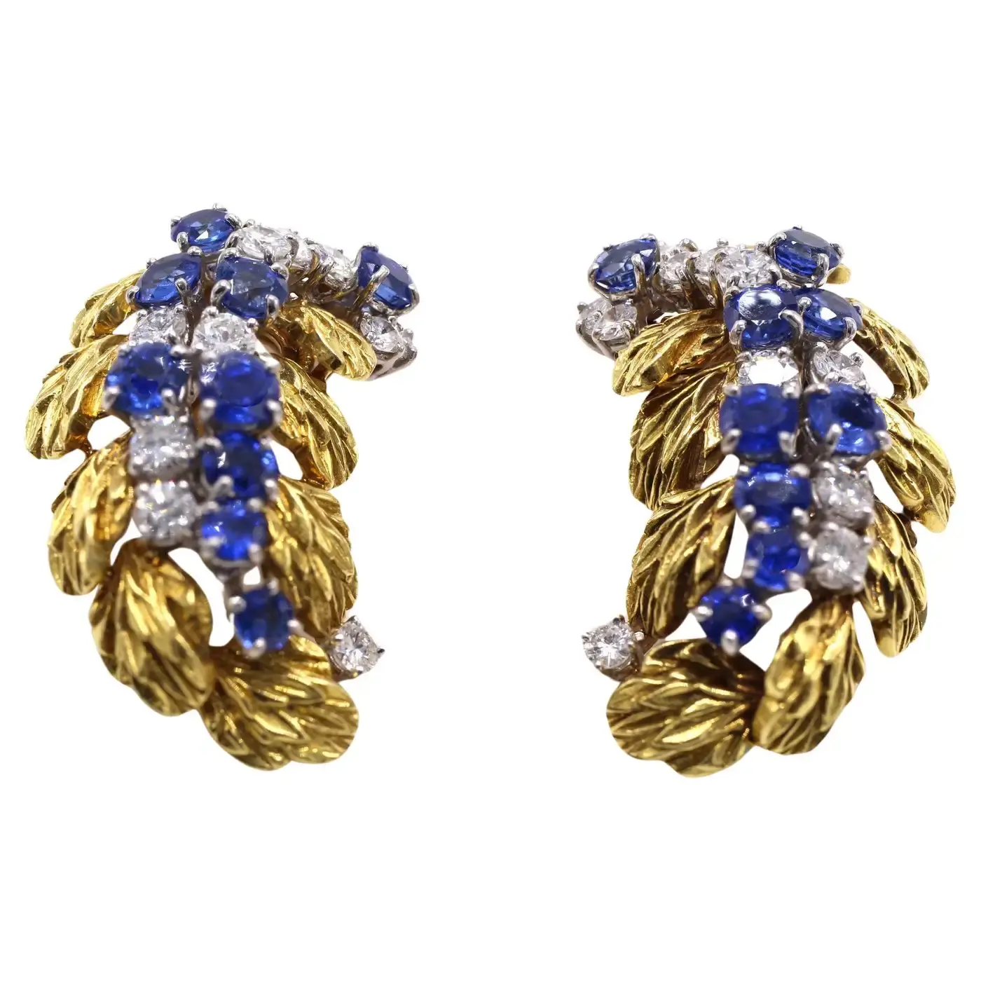 Harry Winston 1980s Sapphire Diamond 18 Karat Yellow Gold Ear Clips