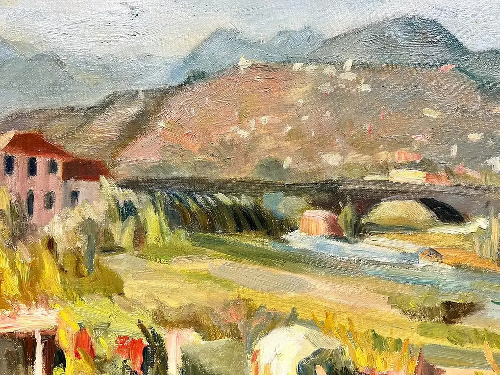Thumbnail: Rural French Bridge Landscape Post Impressionist Signed Oil 1960's