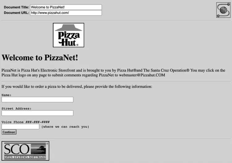 PizzaNet, developed by Pizza Hut, was the inaugural webpage for online pizza ordering. Credit: Provided by Pizza Hut