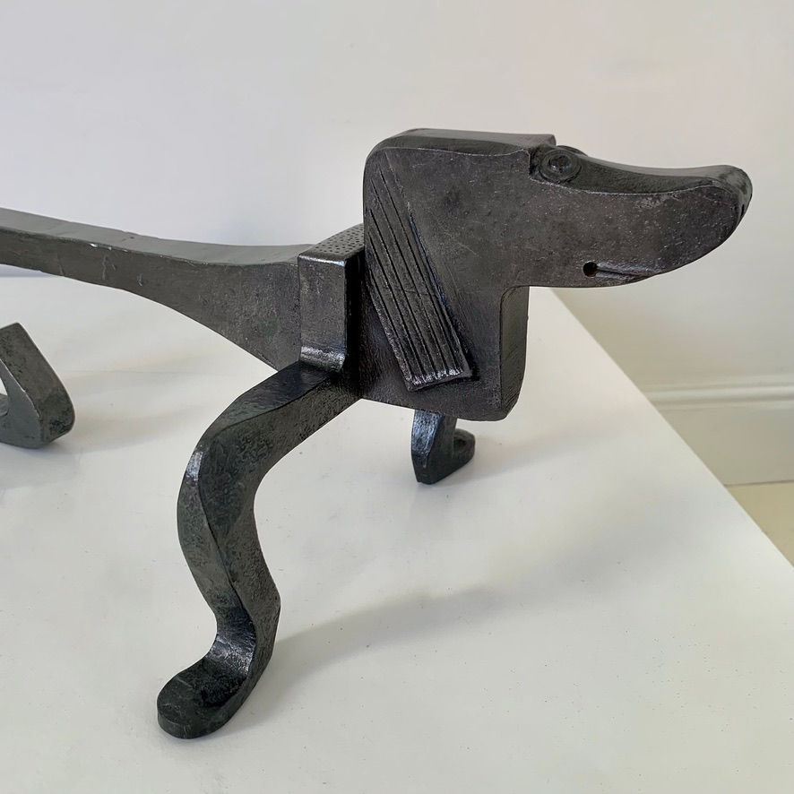 Miniature : Gaston Le Bourgeois Attributed Pair of Dogs Wrought Iron Andirons, 1930, France.