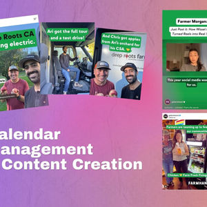 A purple and orange slide reads "Calendar Management and Content Creation." It contains images of carousels, Reels, and Youtube Shorts created with Farmhand's branding.
