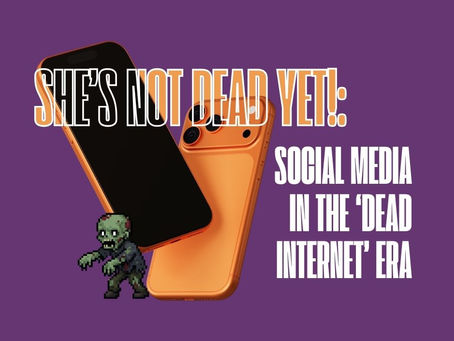 A pixel zombie next to an orange Android phone. Text reads "She's not dead yet!: Social media in the 'dead internet' era."